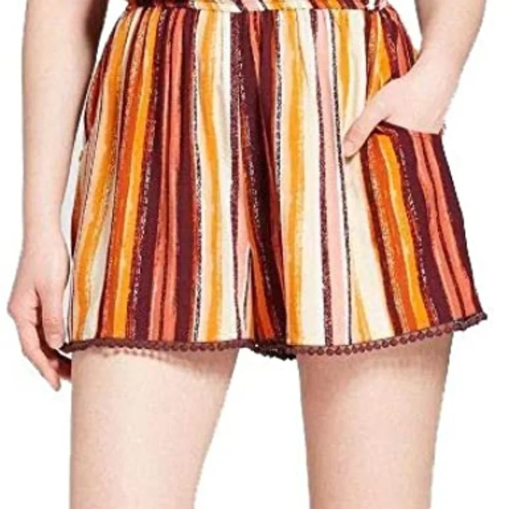 XHILARATION Romper Striped Cold Shoulder with Pom-Pom Trim & Pockets Sz S - Picture 5 of 16